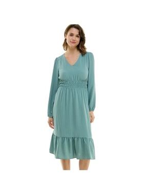 Luxology Smocked Waist Teal Green Lantern Long Sleeve Tiered Midi Dress Size M